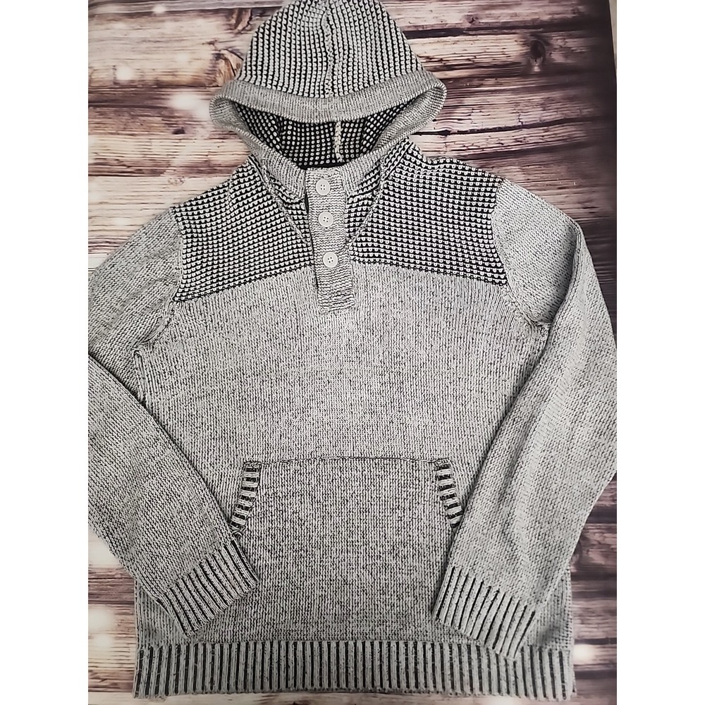 Retrofit Knit Pullover L Hoodie Black Gray Stripe Sweater Skater Retro Y2K
